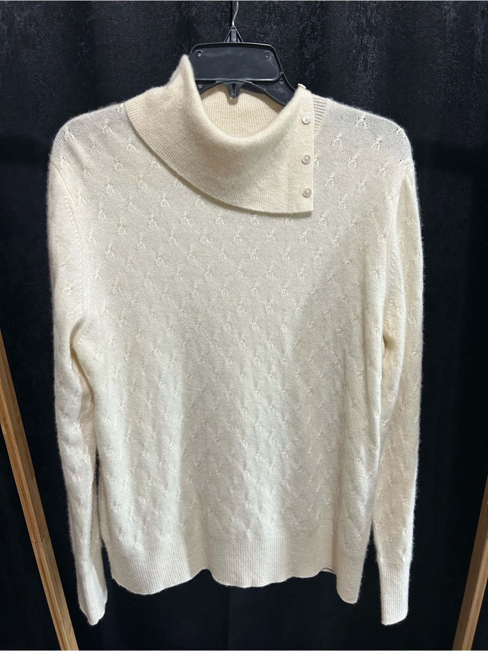 Preston & York Cream Button-Trim Cowl 100% Cashmere Turtleneck Sweater